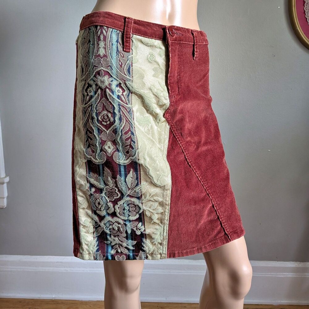 Vintage 90s Picasso Style Jeans Mini Skirt Corduroy Floral Brocade Size M